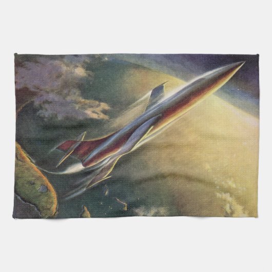 Vintage Sciencefiction Ruimteschip Vliegtuig Aarde Theedoek (Horizontaal)