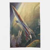 Vintage Sciencefiction Ruimteschip Vliegtuig Aarde Theedoek (Verticaal)
