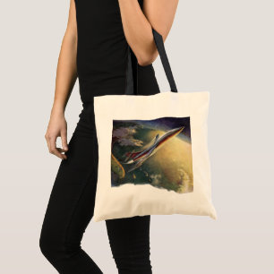 Vintage Sciencefiction Ruimteschip Vliegtuig Aarde Tote Bag