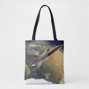 Vintage Sciencefiction Ruimteschip Vliegtuig Aarde Tote Bag