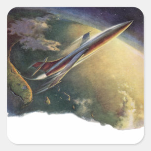 Vintage Sciencefiction Ruimteschip Vliegtuig Aarde Vierkante Sticker