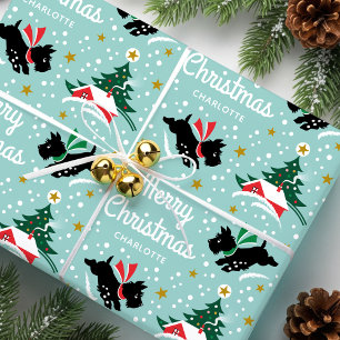 Vintage Scottie Dog Kerstmis Aangepaste Naam Aqua Cadeaupapier