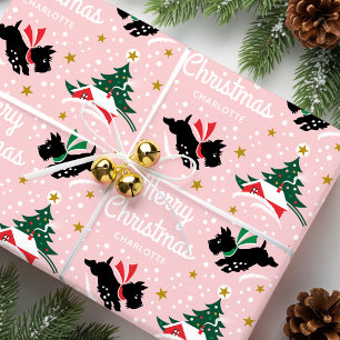 Vintage Scottie Dog Kerstmis Aangepaste Naam Roze Cadeaupapier