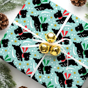 Vintage Scottie Dog Kerstpatroon Cute Aqua Cadeaupapier