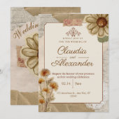 Vintage scrapbook botanische trouwuitnodiging kaart (Voorkant / Achterkant)