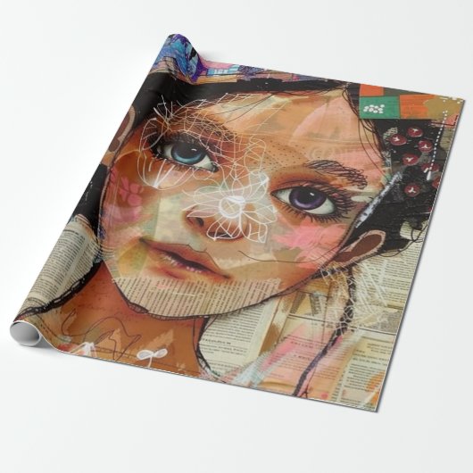 Vintage Scrapbook Collage Gezicht (1) Cadeaupapier (Uitgerold)