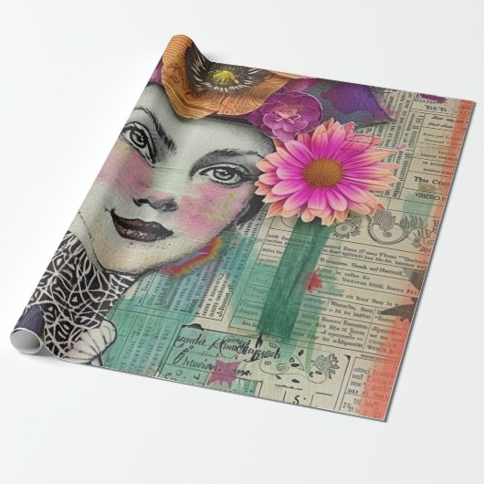 Vintage Scrapbook Collage Gezicht (5) Cadeaupapier (Uitgerold)