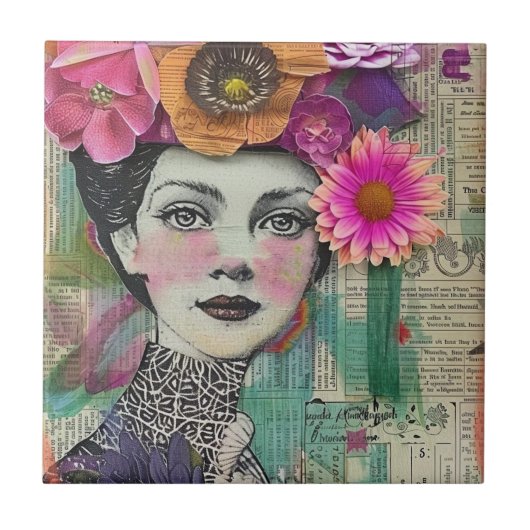 Vintage Scrapbook Collage Gezicht (5) Tegeltje (Voorkant)