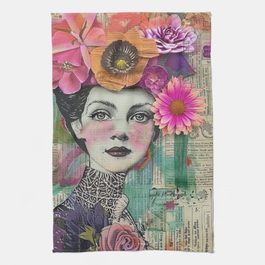 Vintage Scrapbook Collage Gezicht (5) Theedoek (Verticaal)