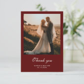 Vintage Script Bordeaux Elegante Trouwfoto Bedankkaart (Staand voorkant)