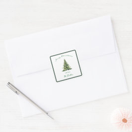 Vintage Script Groen Goud Kerstboom Adres Vierkante Sticker