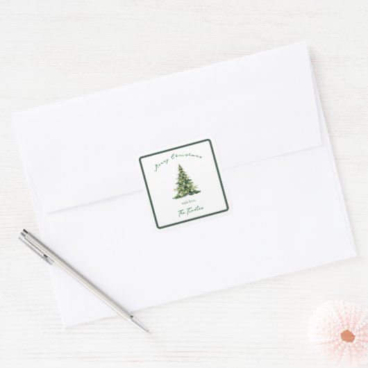 Vintage Script Groen Goud Kerstboom Adres Vierkante Sticker (Envelop)