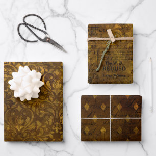 Vintage Script Messing Goud Damast Patroon Inpakpapier Vel