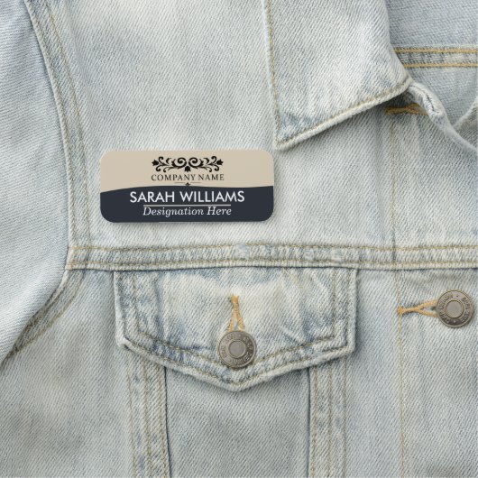 Vintage Scrollwork Tan Blue Business Name Tag (In situ)