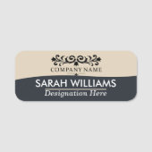 Vintage Scrollwork Tan Blue Business Name Tag (Voorkant)