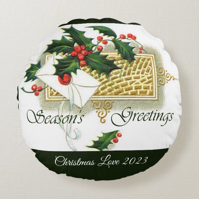 Vintage Seasons Greetings Christmas  Round Pillow Rond Kussen (Voorkant)