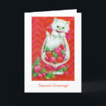 Vintage - Seizoensgroeten voor een vriend, Feestdagen Kaart<br><div class="desc">Een oud kerstkaartje afbeelding in kleur van heet roze en oranje is voorzien van een schattig wit kitten dat in een grote glazen goblet-vormige kom zit, met een kerstboomstructuur en dennenaaltje. De voorkant van de kaart zegt: "Seizoensgroeten!" en het bericht aan een vriend binnen de kaart is : "Het zijn...</div>