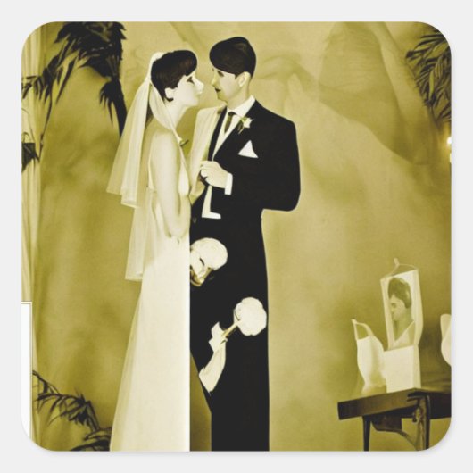 Vintage Sepia Art Deco Wedding Vierkante Sticker (Voorkant)