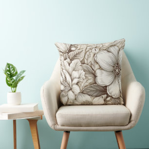Vintage Sepia Botanische Bloemengravure Ivoor Kussen