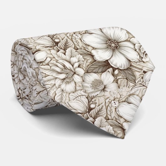 Vintage Sepia Botanische Bloemengravure Ivoor Stropdas (Opgerold)