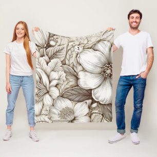 Vintage Sepia Botanische Bloemengravure Ivoorkleur Fleece Deken