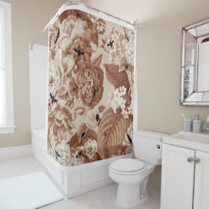 Vintage Sepia Brown Botanical & Bugs Floral Toile Douchegordijn