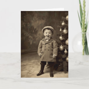 Vintage Sepia Kerstkaart Retro Jongen Boom Kaart