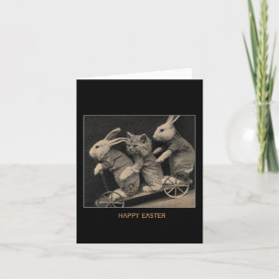Vintage Sepia Konijntjes & Katje Pasen Feestdagen Kaart