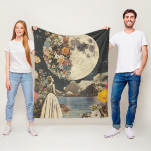 Vintage Sepia Maan Bloem Tuin Surrealisme Fleece Deken