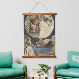 Vintage Sepia Maan Bloem Tuin Surrealisme Hangend Wandkleed