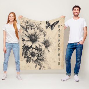 Vintage Sepia Madeliefje Vlinder Botanisch Fleece Deken