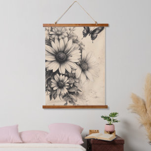 Vintage Sepia Madeliefje Vlinder Botanisch Hangend Wandkleed