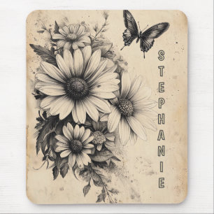 Vintage Sepia Madeliefje Vlinder Botanisch Muismat
