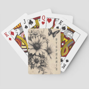 Vintage Sepia Madeliefje Vlinder Botanisch Pokerkaarten