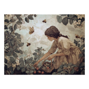 Vintage Sepia Meisje Vlindertuin Kunst Perfect Poster