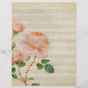 Vintage sepia muzieknoten met roze roos