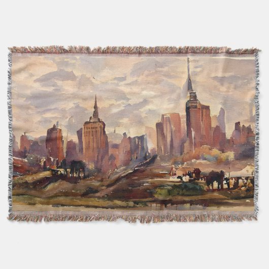 Vintage Sepia NYC Silhouette Kunst Throw Deken (Voorkant)