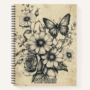 Vintage Sepia Vlinder Roos Madeliefje Boeket Notitieboek