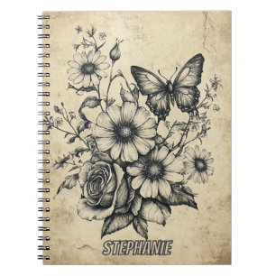 Vintage Sepia Vlinder Roos Madeliefje Boeket Notitieboek