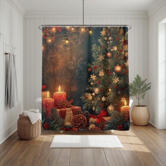 Vintage Sfeervolle Kerstboom & Kaars Douchegordijn