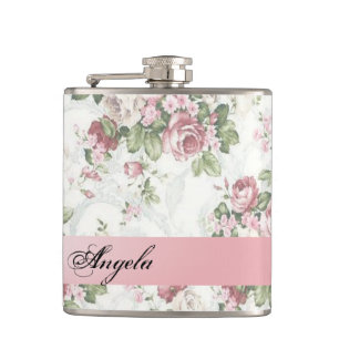 Vintage Shabby Chic Bloemen-Personaliseerbaar Heupfles