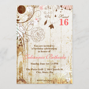 Vintage Shabby Chic Bloemige Sweet 16 Uitnodiging