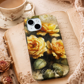 Vintage Shabby Chic Gele Roos Aangepaste Naam iPhone 15 Case