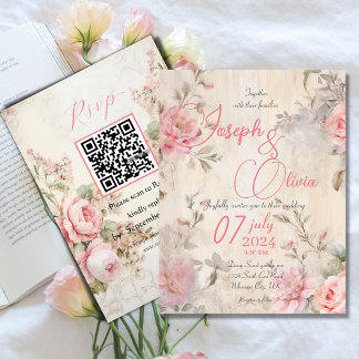 vintage shabby chic pink with rsvp qr wedding  kaart