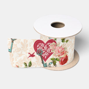 Vintage Shabby Chic Rode Rozen & Sleutel tot Mijn Satijnen Lint