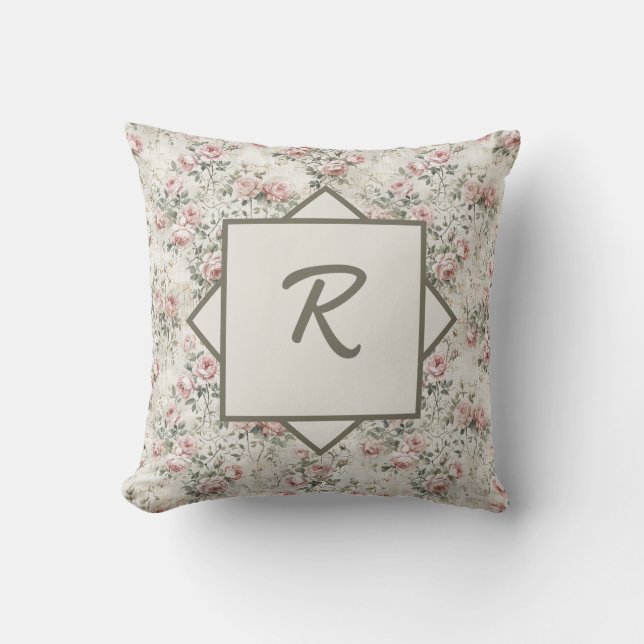 Vintage Shabby Chic Roze Bloem Motief Initiaal Kussen (Voorkant)