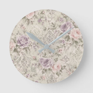 Vintage Shabby Chic Roze en Lavendelrozen Muurklok Ronde Klok