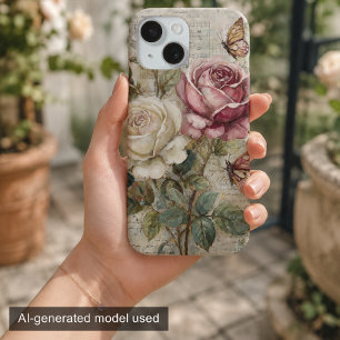 Vintage Shabby Chic Roze en Vlinder  iPhone 15 Case