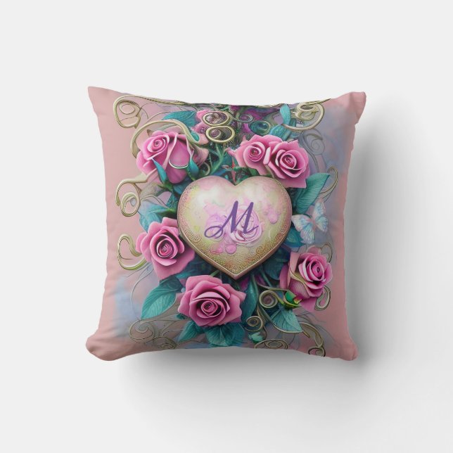 Vintage Shabby Chic Roze Roos en Hart Kussen (Voorkant)