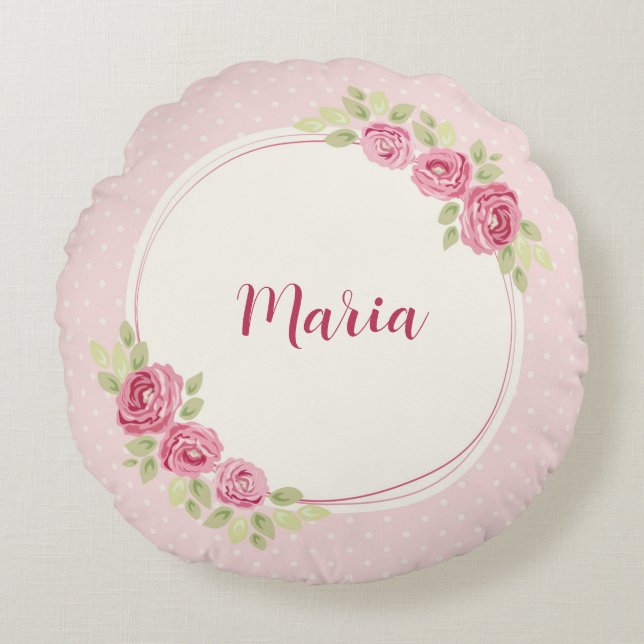Vintage Shabby Chic Rozen Frame Rond Kussen (Voorkant)